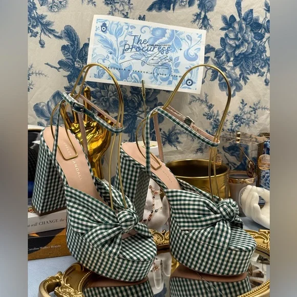 🆕 LOEFFLER RANDALL 🧿 NWOB Roz Platform Sandal, Mint Green Gingham - Sz US 7